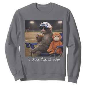 I Live Here Now Punch Monkey Sweatshirt Funny Drinking Iced Coffee Baseball Field TS14 Charcoal Print Your Wear