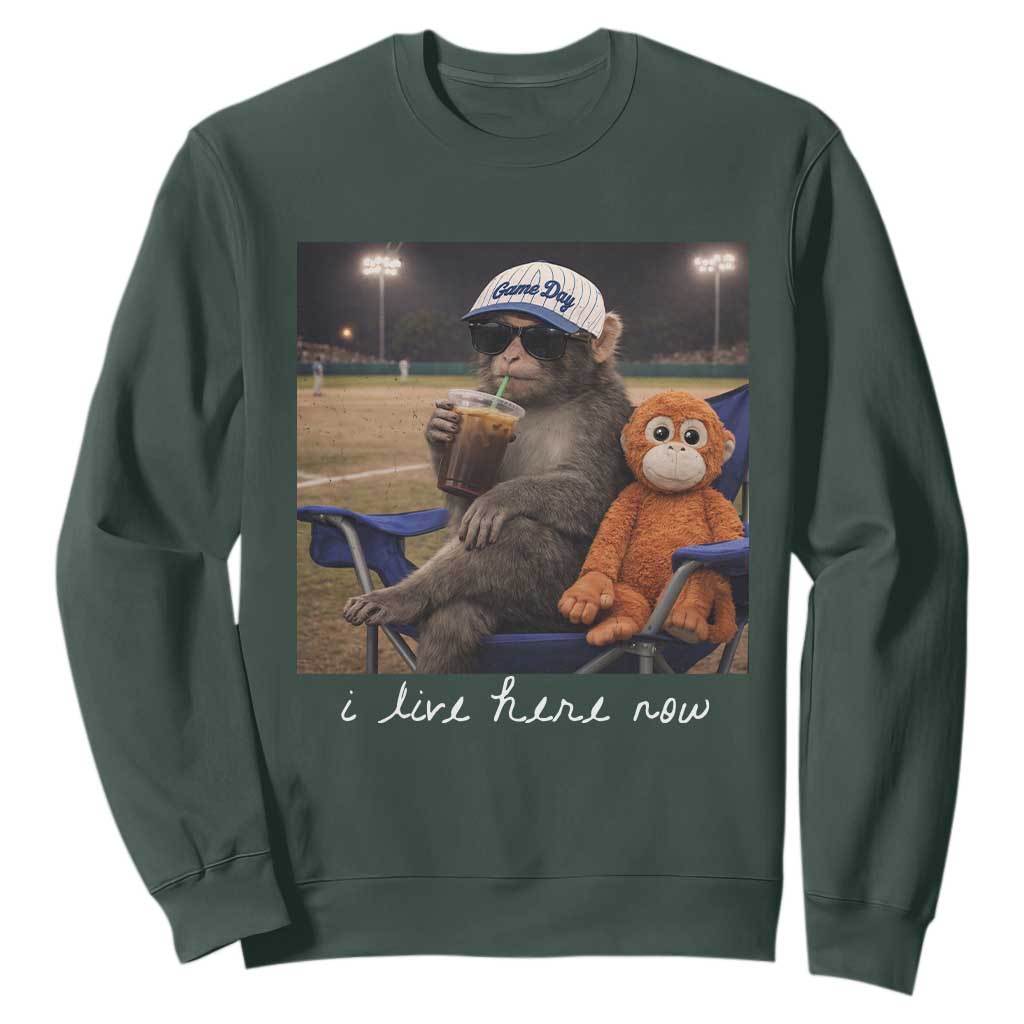 I Live Here Now Punch Monkey Sweatshirt Funny Drinking Iced Coffee Baseball Field TS14 Dark Forest Green Print Your Wear