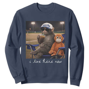 I Live Here Now Punch Monkey Sweatshirt Funny Drinking Iced Coffee Baseball Field TS14 Navy Print Your Wear