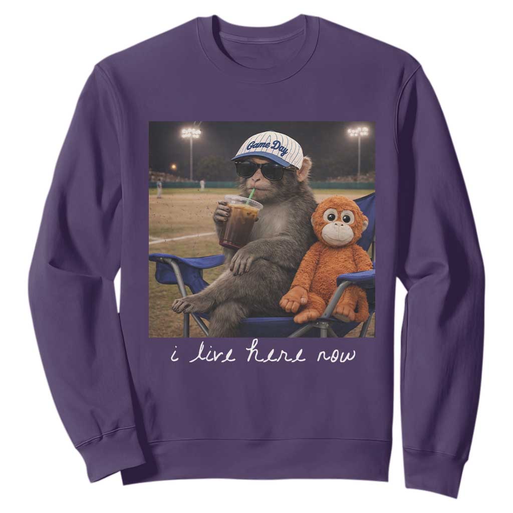 I Live Here Now Punch Monkey Sweatshirt Funny Drinking Iced Coffee Baseball Field TS14 Purple Print Your Wear