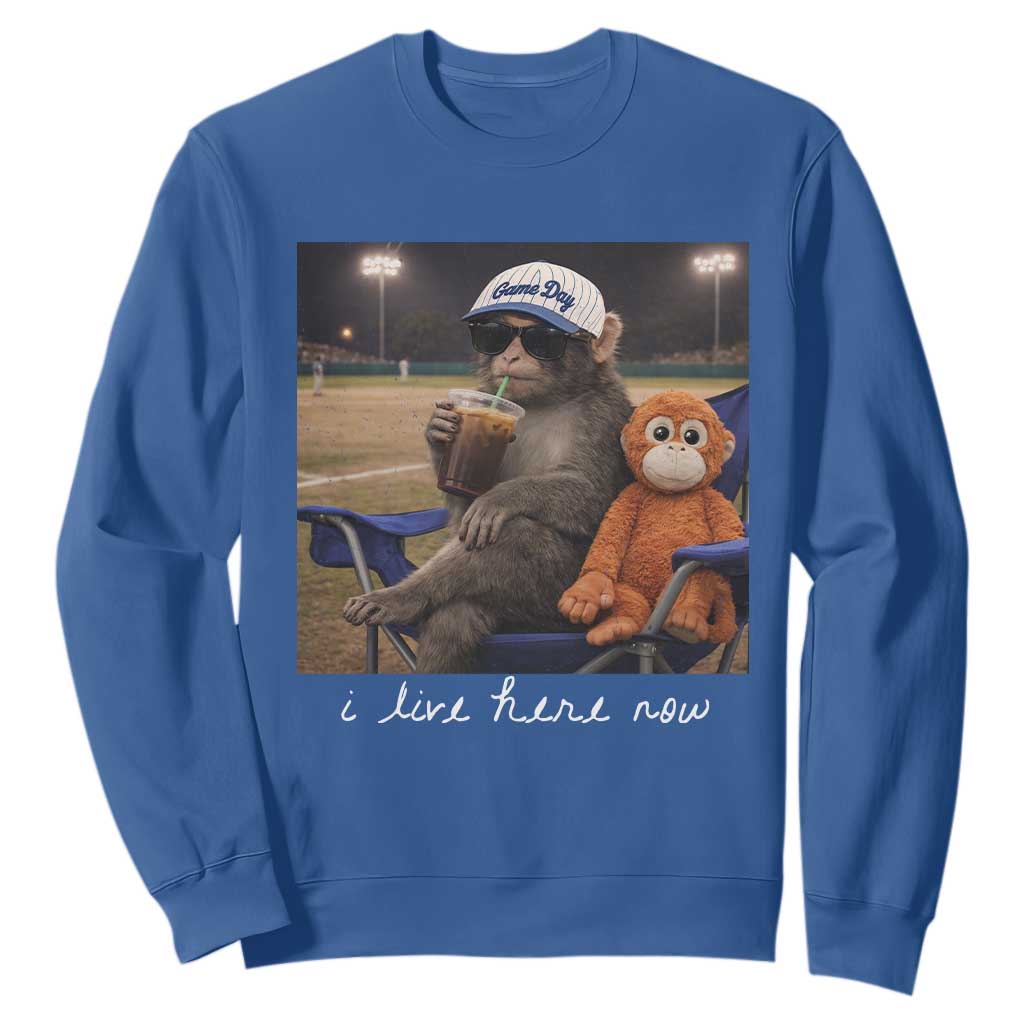 I Live Here Now Punch Monkey Sweatshirt Funny Drinking Iced Coffee Baseball Field TS14 Royal Blue Print Your Wear