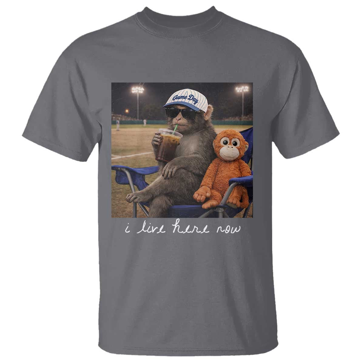 I Live Here Now Punch Monkey T Shirt Funny Drinking Iced Coffee Baseball Field TS14 Charcoal Print Your Wear