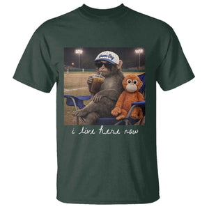 I Live Here Now Punch Monkey T Shirt Funny Drinking Iced Coffee Baseball Field TS14 Dark Forest Green Print Your Wear