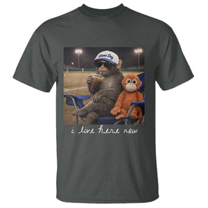 I Live Here Now Punch Monkey T Shirt Funny Drinking Iced Coffee Baseball Field TS14 Dark Heather Print Your Wear