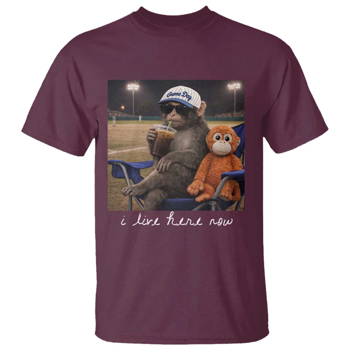 I Live Here Now Punch Monkey T Shirt Funny Drinking Iced Coffee Baseball Field TS14 Maroon Print Your Wear