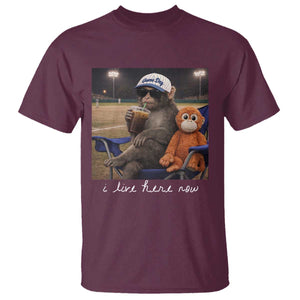 I Live Here Now Punch Monkey T Shirt Funny Drinking Iced Coffee Baseball Field TS14 Maroon Print Your Wear
