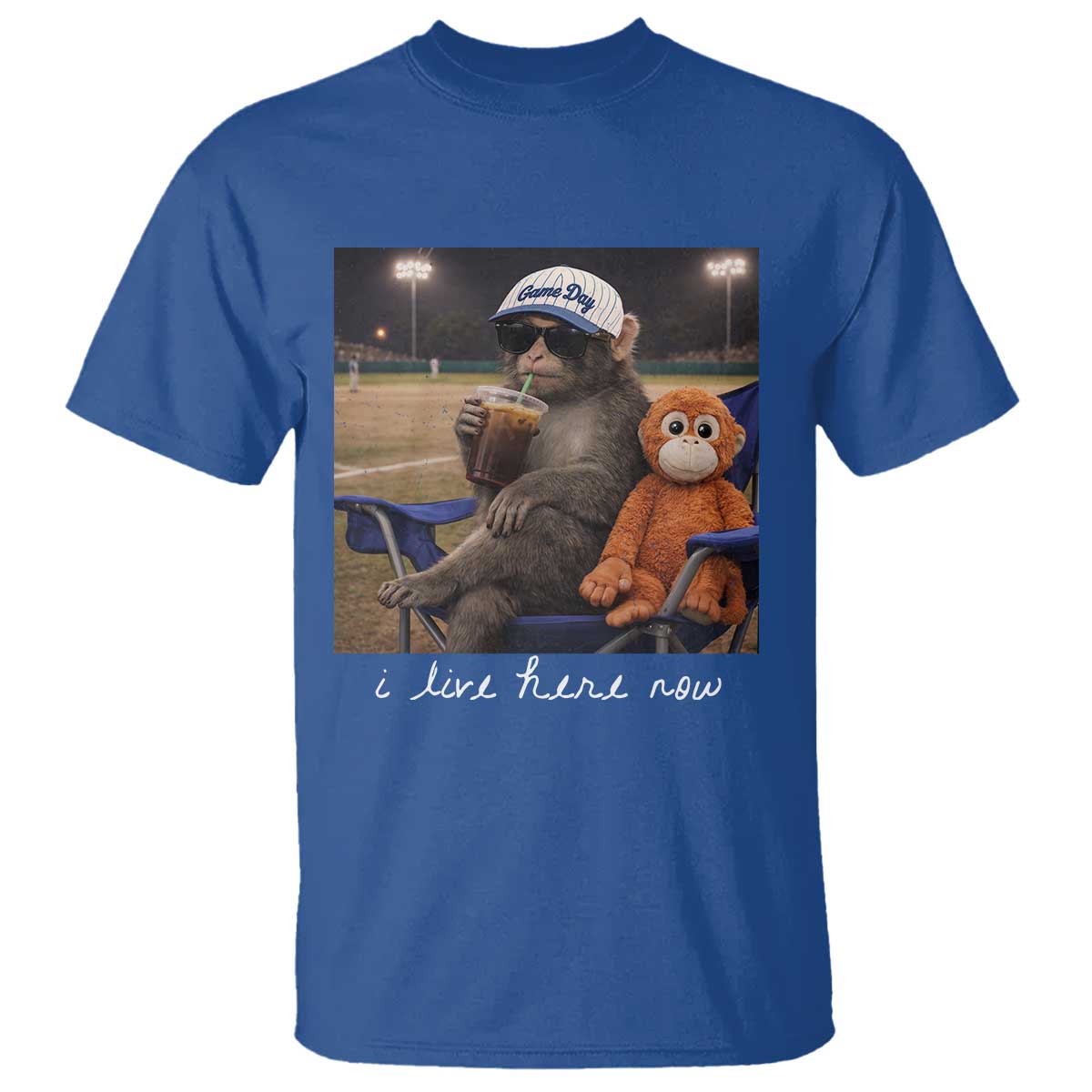 I Live Here Now Punch Monkey T Shirt Funny Drinking Iced Coffee Baseball Field TS14 Royal Blue Print Your Wear