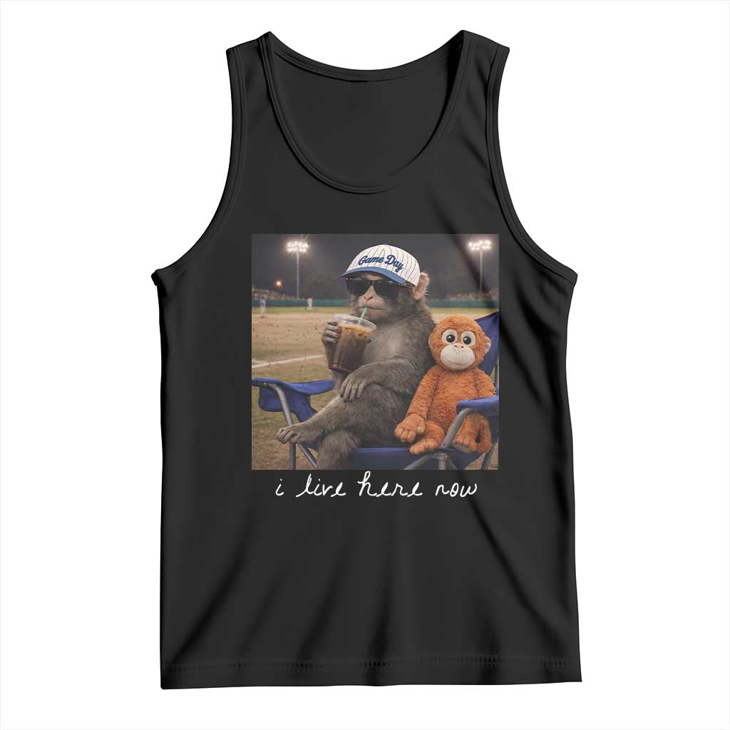 I Live Here Now Punch Monkey Tank Top Funny Drinking Iced Coffee Baseball Field TS14 Black Print Your Wear