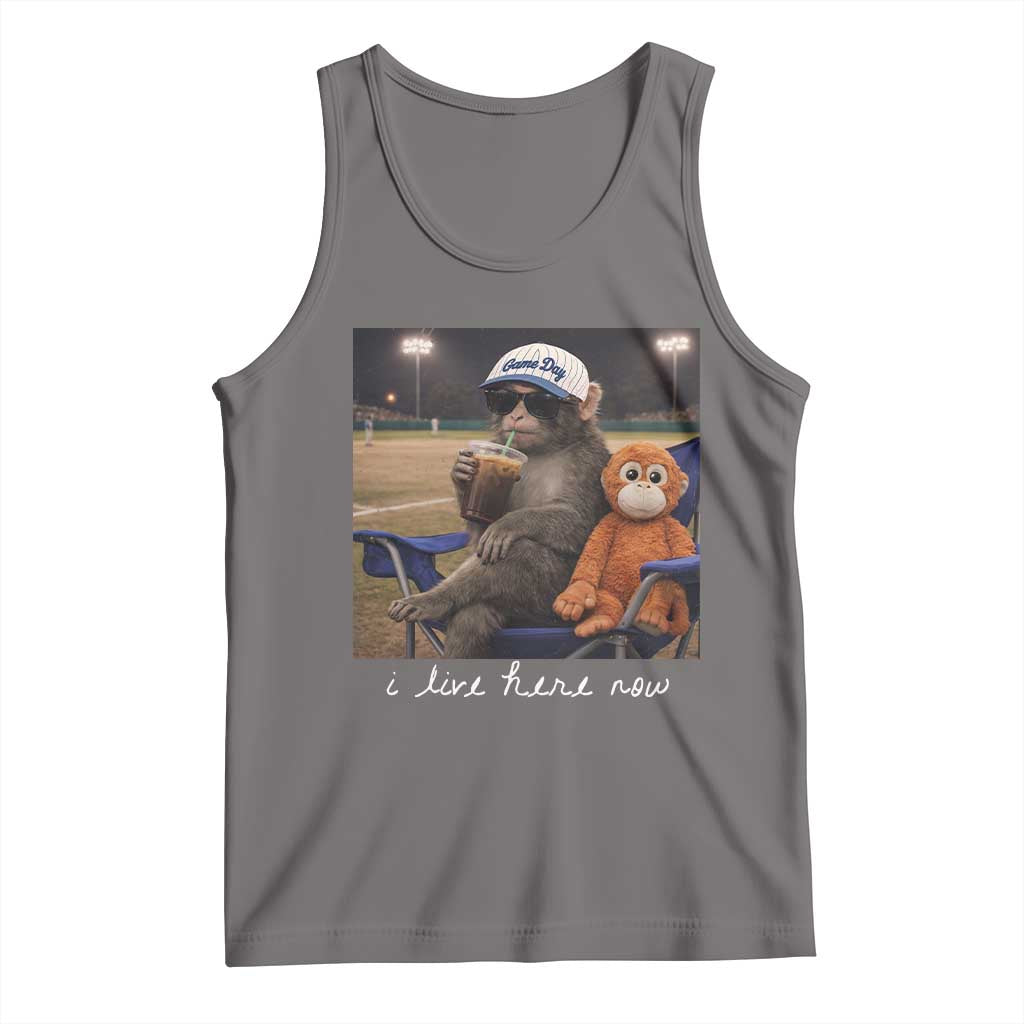 I Live Here Now Punch Monkey Tank Top Funny Drinking Iced Coffee Baseball Field TS14 Deep Heather Print Your Wear