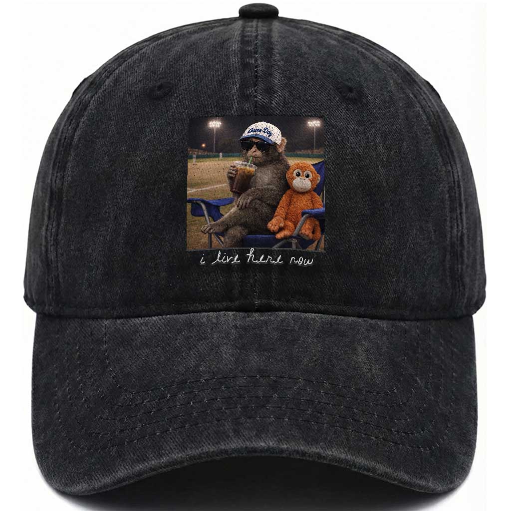I Live Here Now Punch Monkey Washed Cotton Baseball Cap Funny Drinking Iced Coffee Baseball Field TS14 Print Your Wear