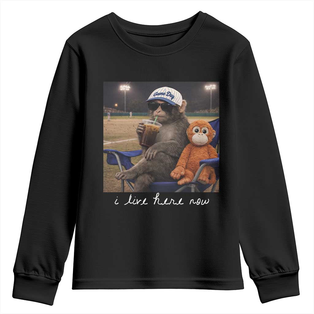 I Live Here Now Punch Monkey Youth Sweatshirt Funny Drinking Iced Coffee Baseball Field TS14 Black Print Your Wear