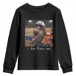 I Live Here Now Punch Monkey Youth Sweatshirt Funny Drinking Iced Coffee Baseball Field TS14 Black Print Your Wear