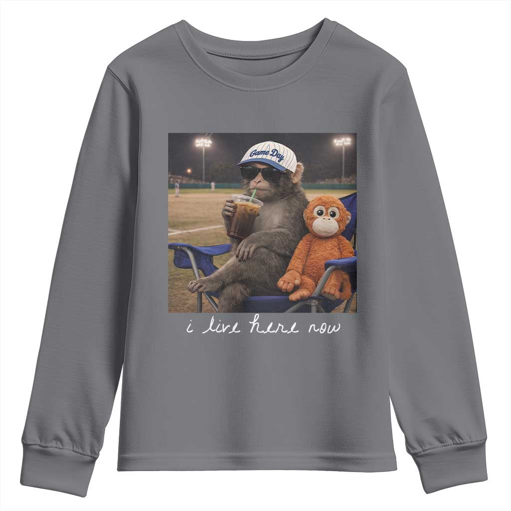 I Live Here Now Punch Monkey Youth Sweatshirt Funny Drinking Iced Coffee Baseball Field TS14 Charcoal Print Your Wear