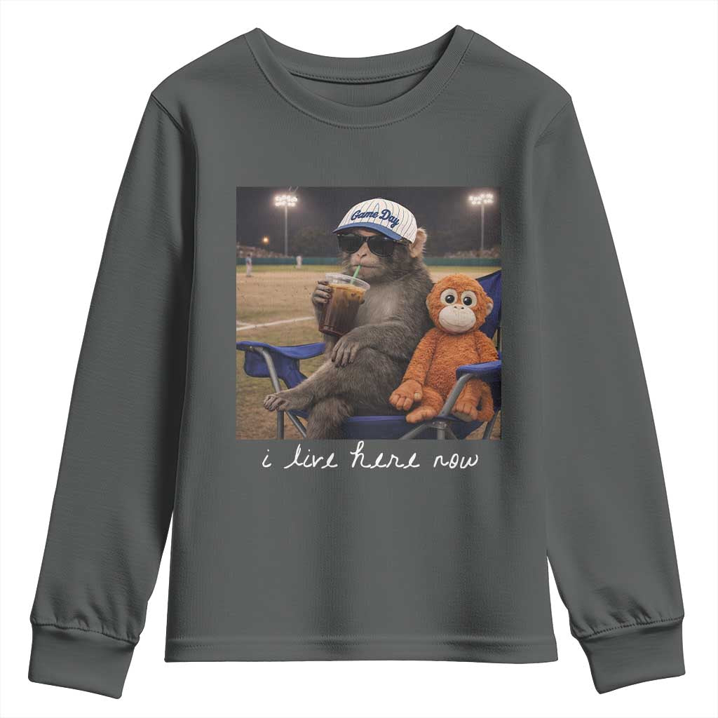 I Live Here Now Punch Monkey Youth Sweatshirt Funny Drinking Iced Coffee Baseball Field TS14 Dark Heather Print Your Wear