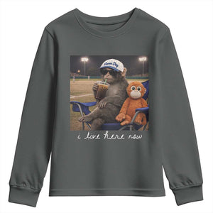 I Live Here Now Punch Monkey Youth Sweatshirt Funny Drinking Iced Coffee Baseball Field TS14 Dark Heather Print Your Wear
