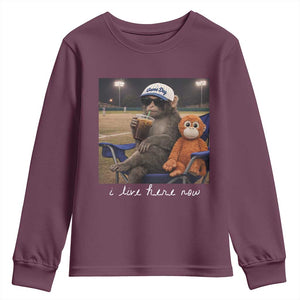 I Live Here Now Punch Monkey Youth Sweatshirt Funny Drinking Iced Coffee Baseball Field TS14 Maroon Print Your Wear
