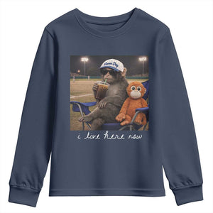 I Live Here Now Punch Monkey Youth Sweatshirt Funny Drinking Iced Coffee Baseball Field TS14 Navy Print Your Wear