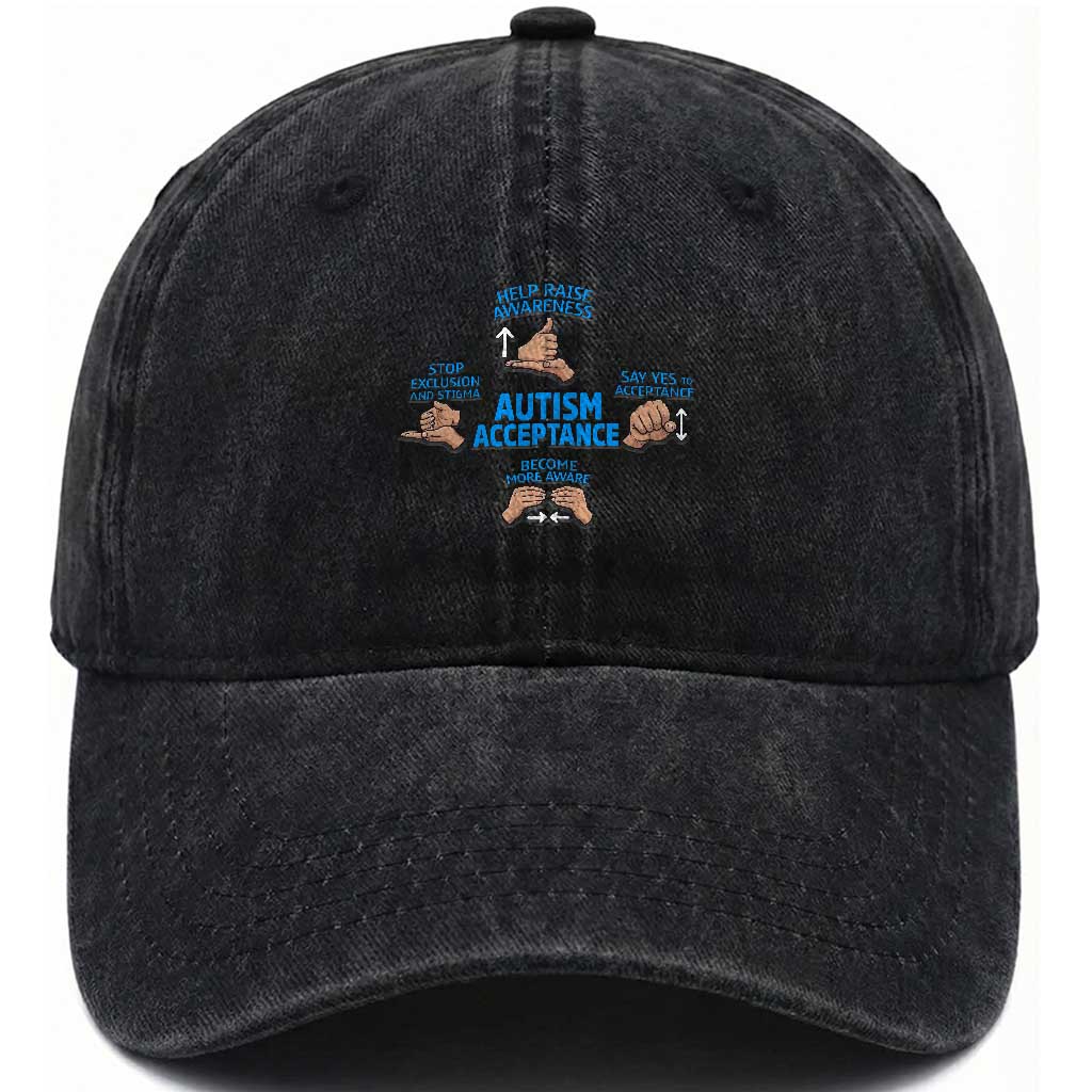 Autism Acceptance Washed Cotton Baseball Cap Hand Neurodiversity SPED Teacher TS14 Print Your Wear
