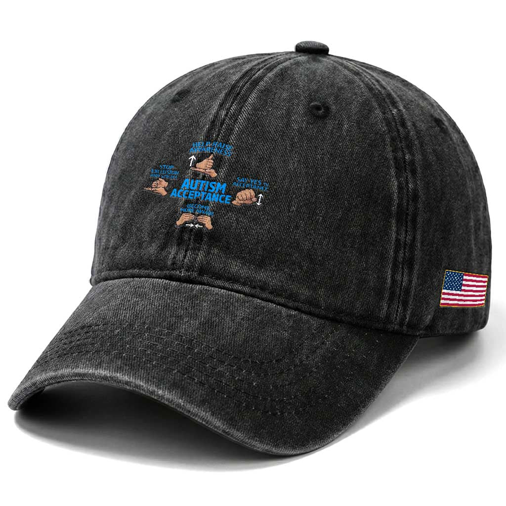 Autism Acceptance Washed Cotton Baseball Cap Hand Neurodiversity SPED Teacher TS14 Print Your Wear
