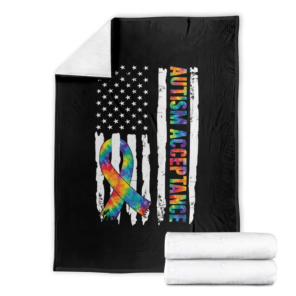 Autism Acceptance Throw Blanket US Flag Ribbon Support Neurodiversity TS14 Black Print Your Wear