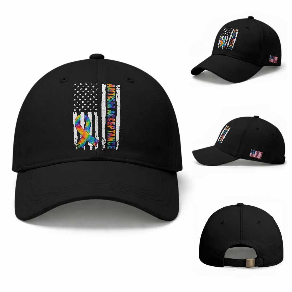 Autism Acceptance Baseball Cap US Flag Ribbon Support Neurodiversity TS14 Baseball Cap Universal Fit Black Print Your Wear