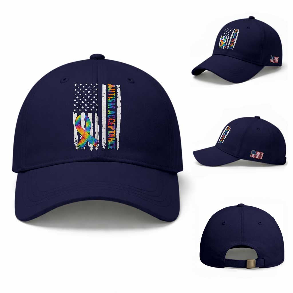 Autism Acceptance Baseball Cap US Flag Ribbon Support Neurodiversity TS14 Baseball Cap Universal Fit Dark Blue Print Your Wear