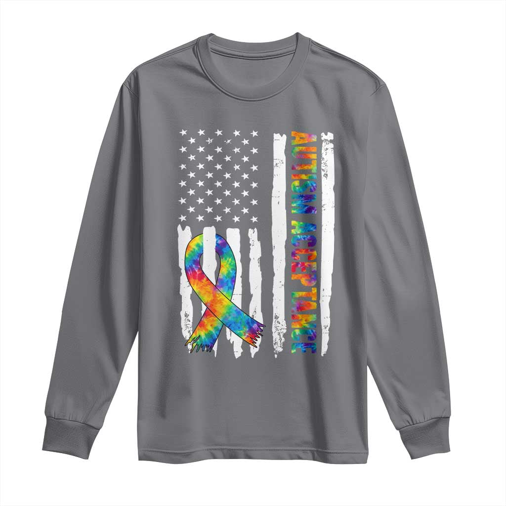 Autism Acceptance Long Sleeve Shirt US Flag Ribbon Support Neurodiversity TS14 Charcoal Print Your Wear