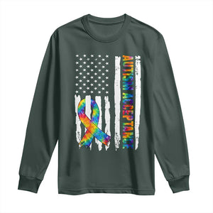 Autism Acceptance Long Sleeve Shirt US Flag Ribbon Support Neurodiversity TS14 Dark Forest Green Print Your Wear