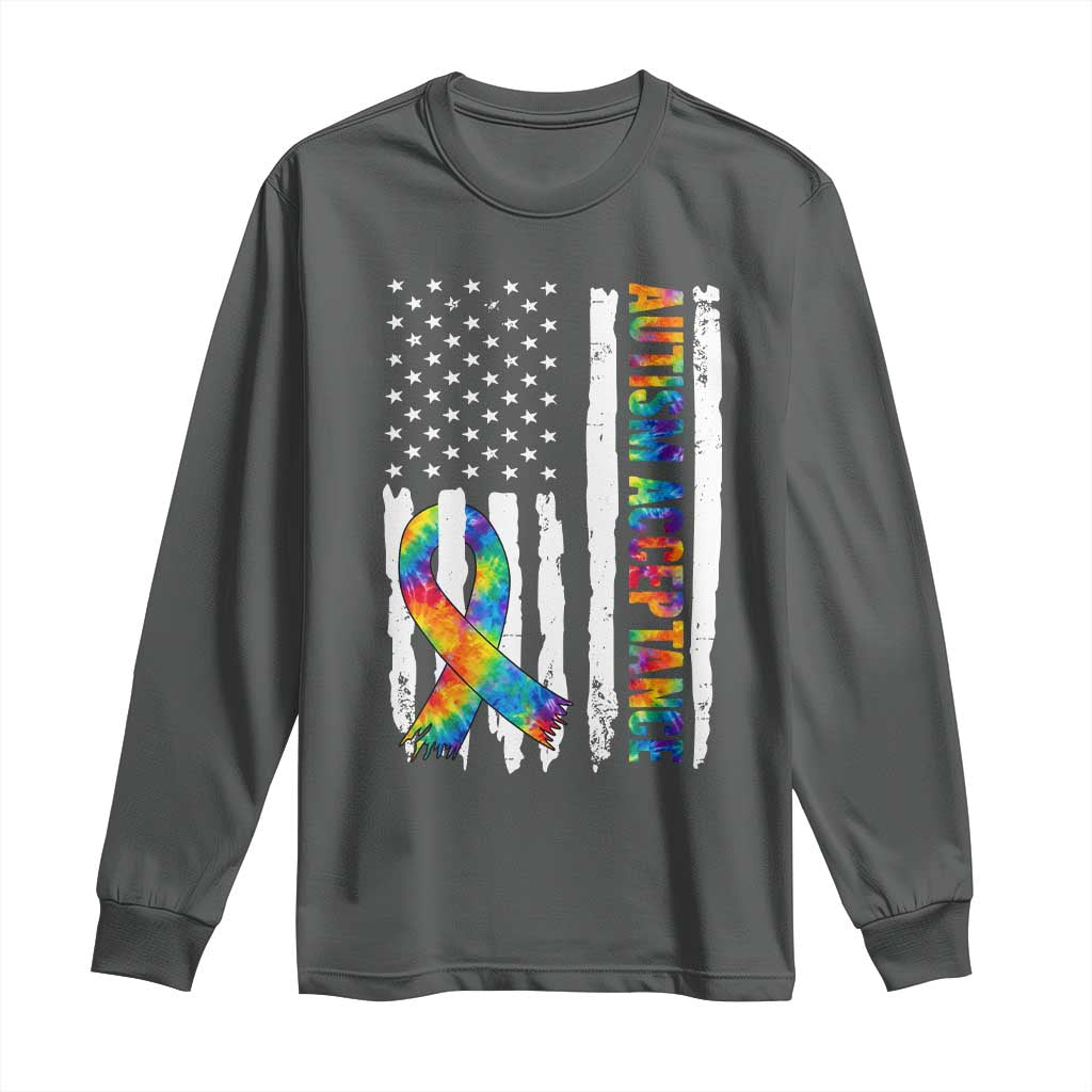 Autism Acceptance Long Sleeve Shirt US Flag Ribbon Support Neurodiversity TS14 Dark Heather Print Your Wear