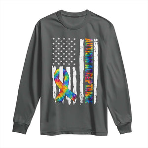 Autism Acceptance Long Sleeve Shirt US Flag Ribbon Support Neurodiversity TS14 Dark Heather Print Your Wear