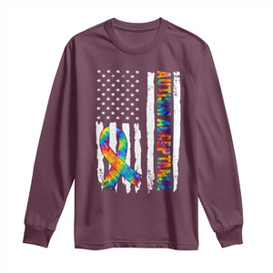 Autism Acceptance Long Sleeve Shirt US Flag Ribbon Support Neurodiversity TS14 Maroon Print Your Wear