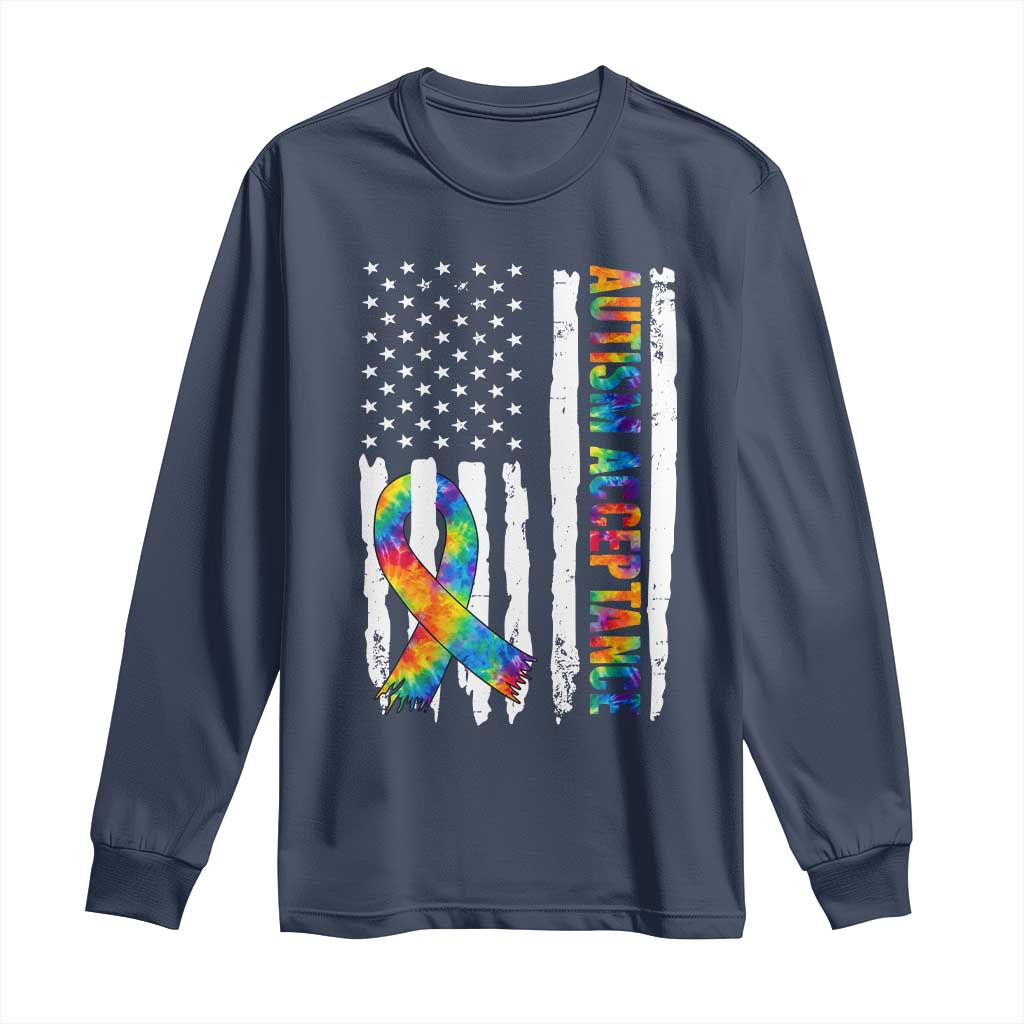 Autism Acceptance Long Sleeve Shirt US Flag Ribbon Support Neurodiversity TS14 Navy Print Your Wear