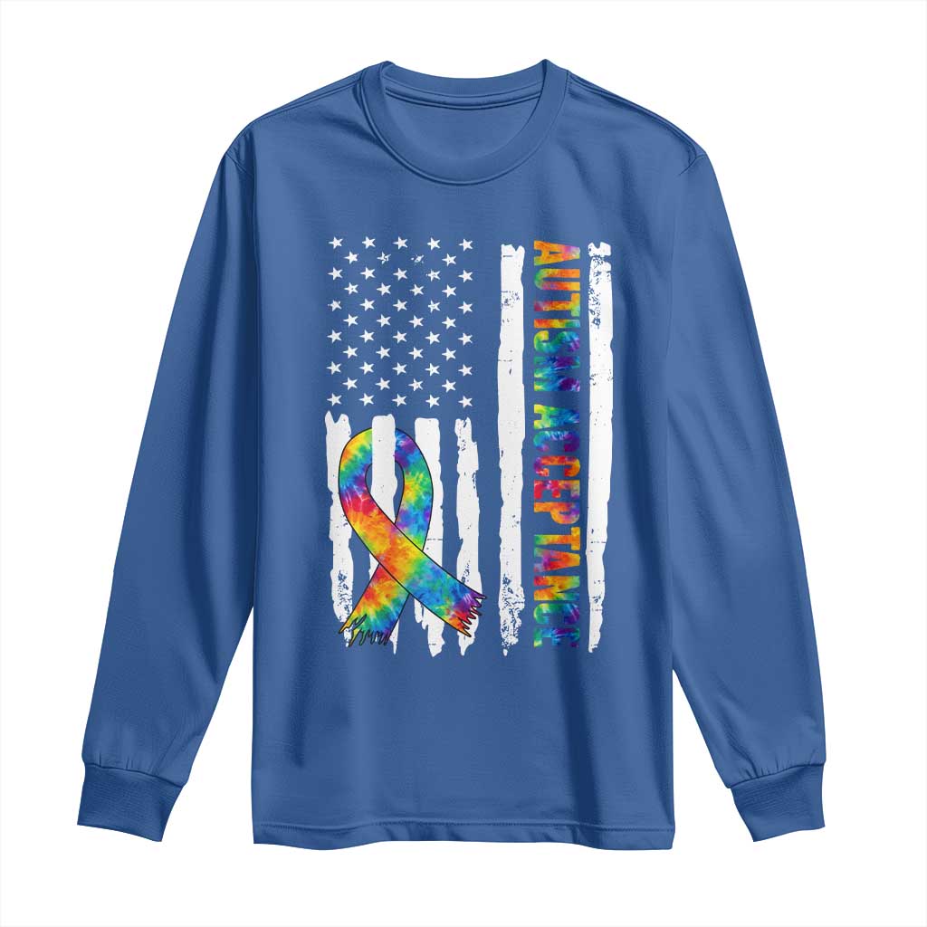 Autism Acceptance Long Sleeve Shirt US Flag Ribbon Support Neurodiversity TS14 Royal Blue Print Your Wear