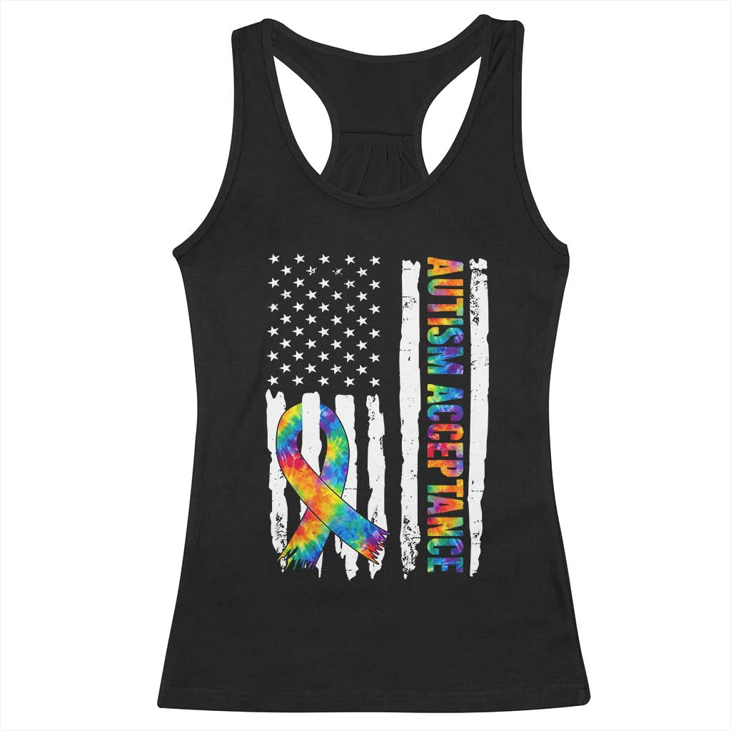 Autism Acceptance Racerback Tank Top US Flag Ribbon Support Neurodiversity TS14 Black Print Your Wear