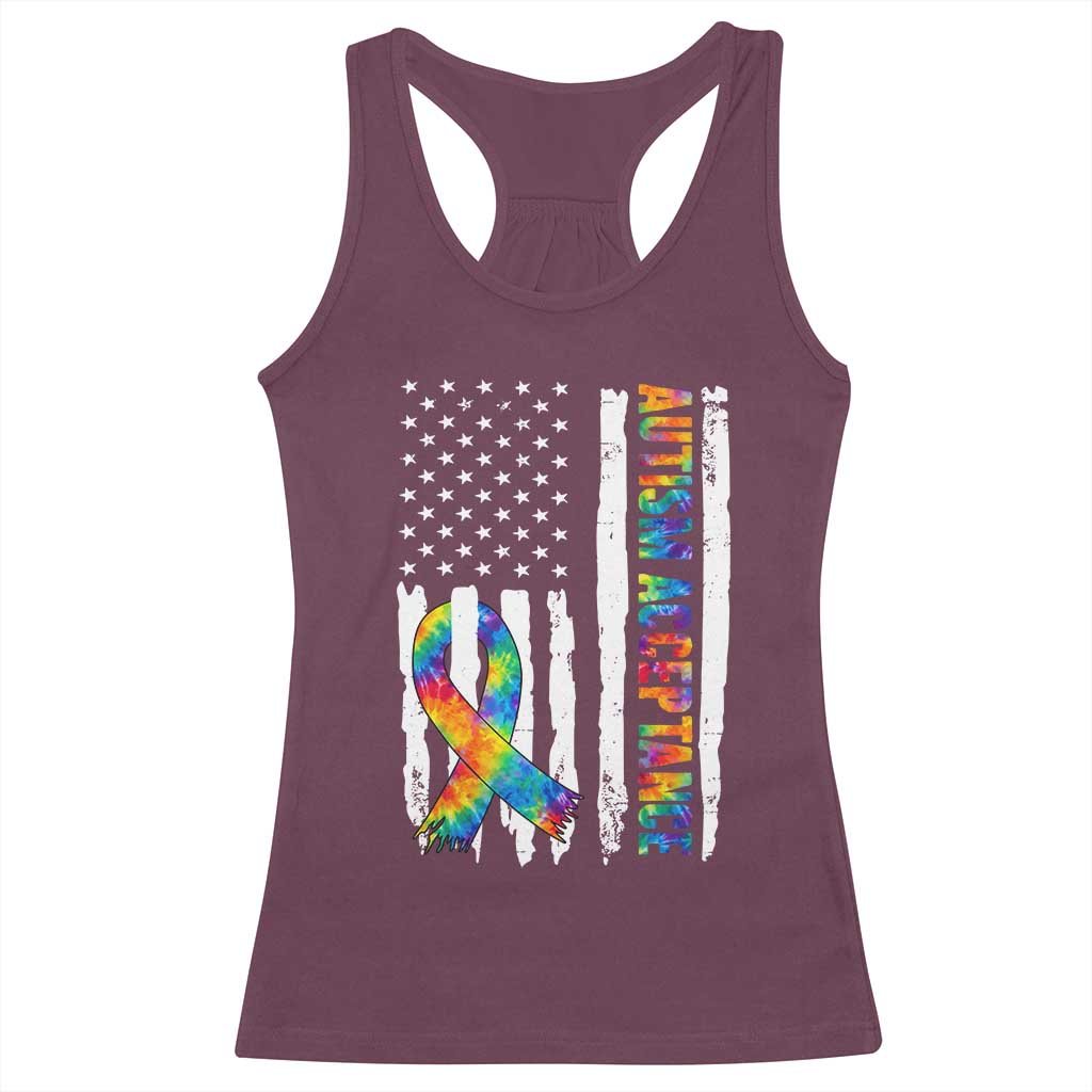 Autism Acceptance Racerback Tank Top US Flag Ribbon Support Neurodiversity TS14 Maroon Print Your Wear