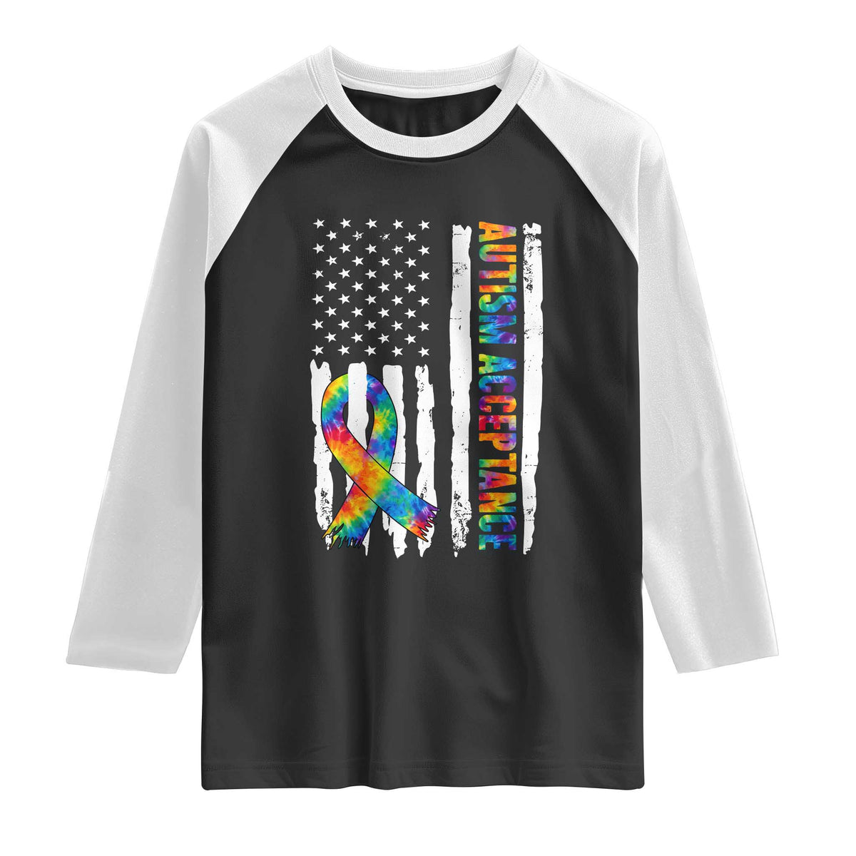 Autism Acceptance Raglan Shirt US Flag Ribbon Support Neurodiversity TS14 Black White Print Your Wear