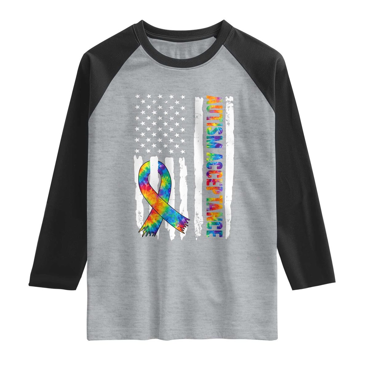 Autism Acceptance Raglan Shirt US Flag Ribbon Support Neurodiversity TS14 Heather Gray Black Print Your Wear