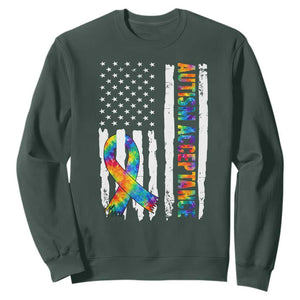 Autism Acceptance Sweatshirt US Flag Ribbon Support Neurodiversity TS14 Dark Forest Green Print Your Wear