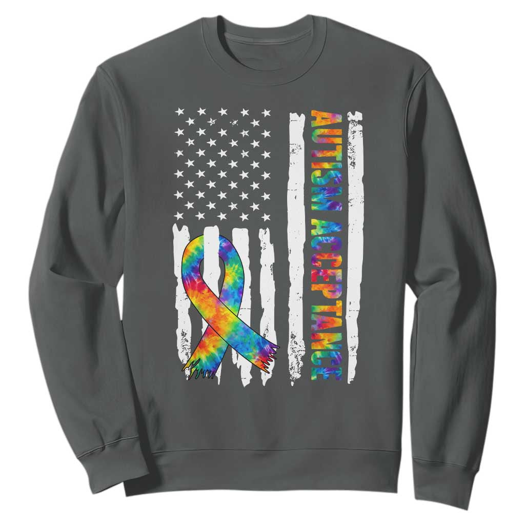Autism Acceptance Sweatshirt US Flag Ribbon Support Neurodiversity TS14 Dark Heather Print Your Wear