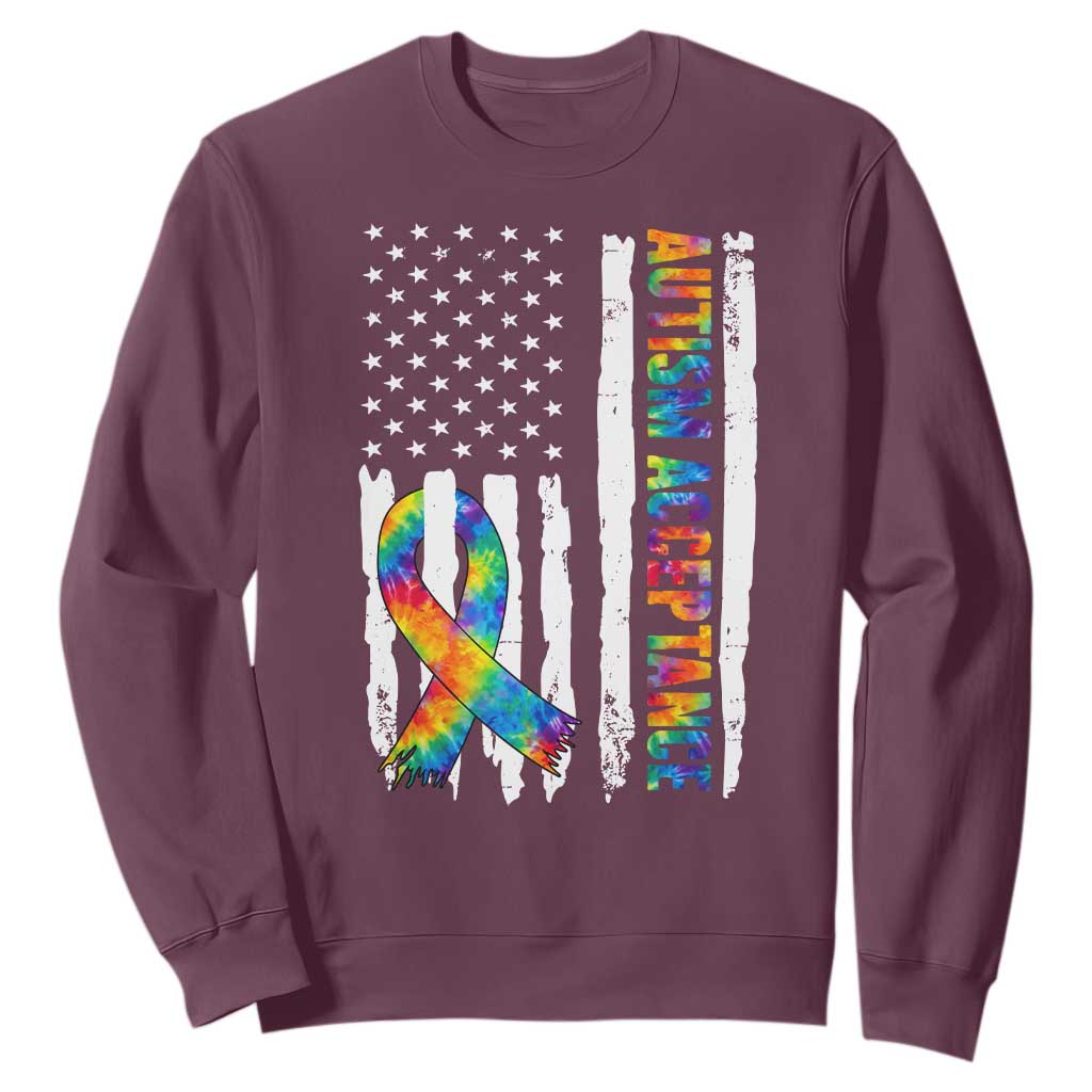 Autism Acceptance Sweatshirt US Flag Ribbon Support Neurodiversity TS14 Maroon Print Your Wear