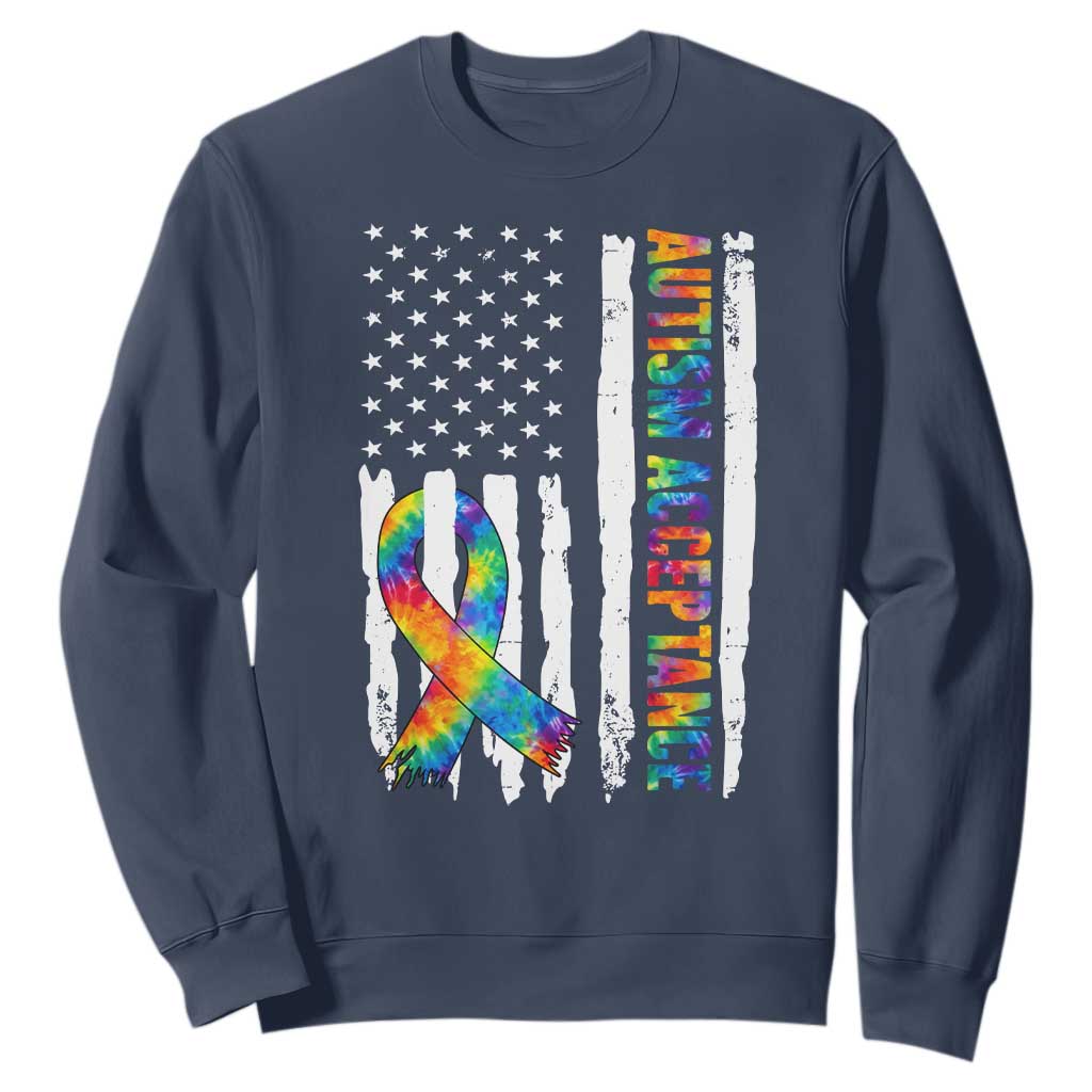Autism Acceptance Sweatshirt US Flag Ribbon Support Neurodiversity TS14 Navy Print Your Wear