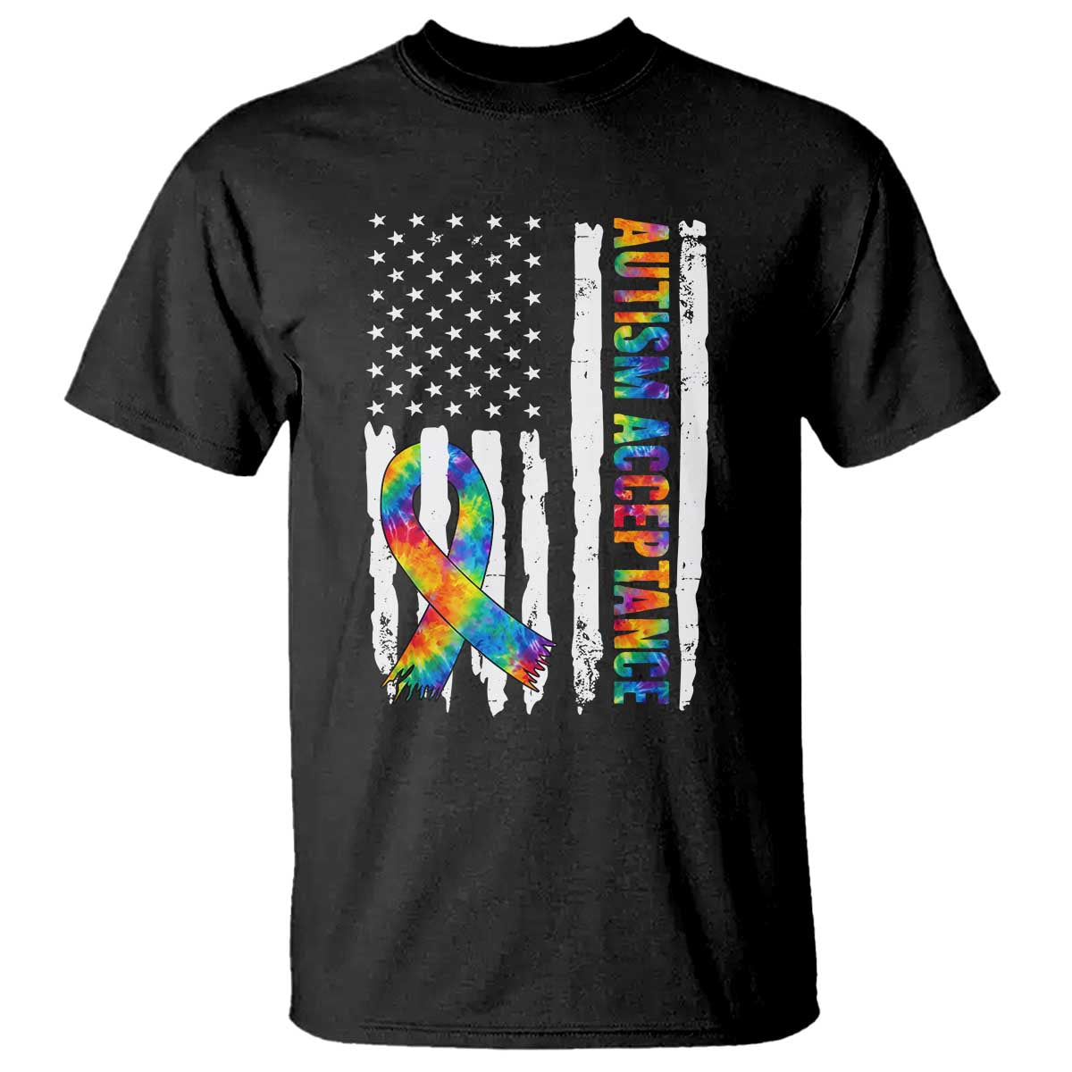 Autism Acceptance T Shirt US Flag Ribbon Support Neurodiversity TS14 Black Print Your Wear