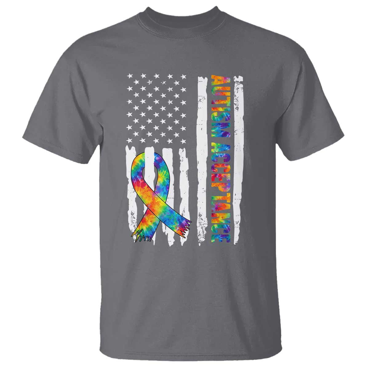 Autism Acceptance T Shirt US Flag Ribbon Support Neurodiversity TS14 Charcoal Print Your Wear