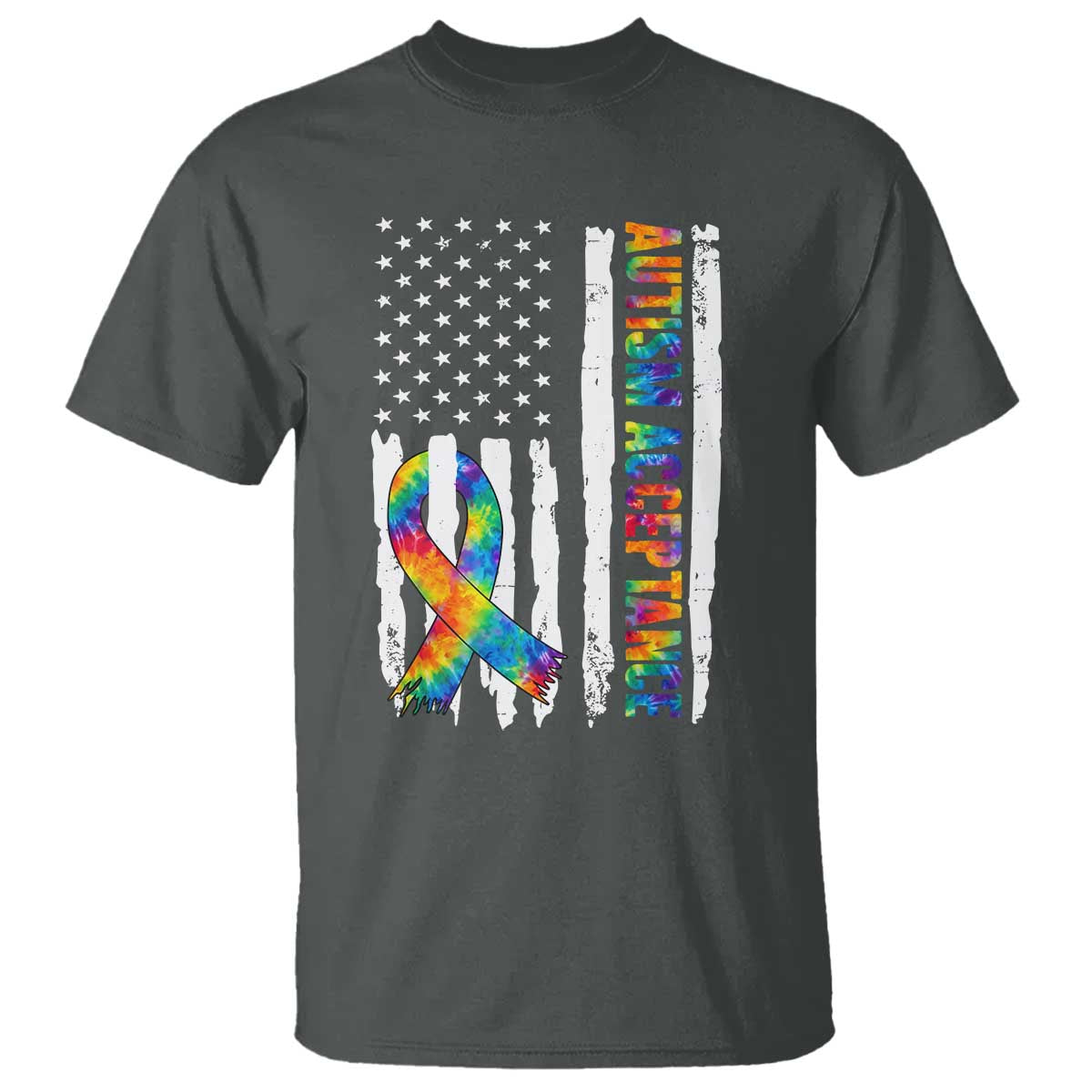 Autism Acceptance T Shirt US Flag Ribbon Support Neurodiversity TS14 Dark Heather Print Your Wear