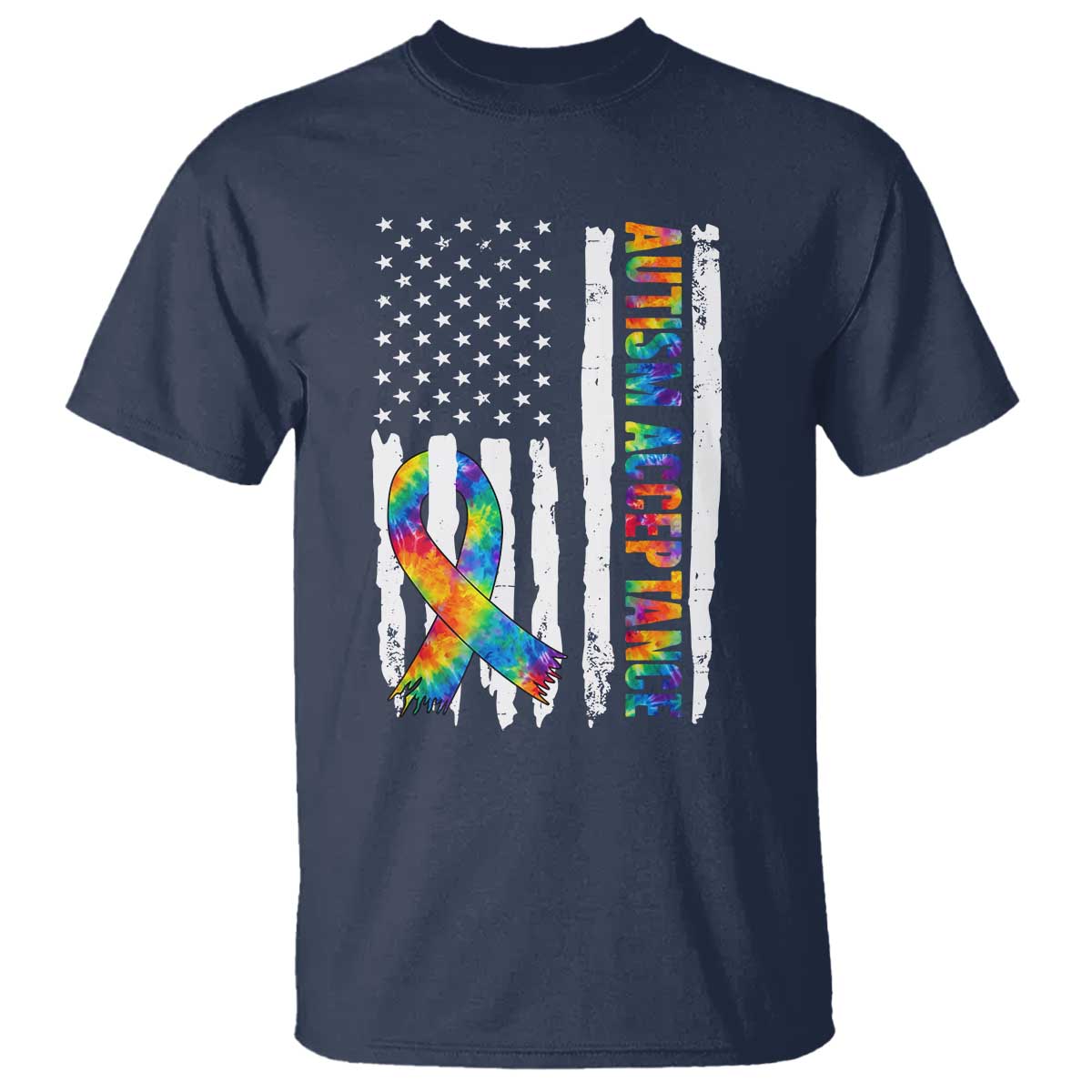 Autism Acceptance T Shirt US Flag Ribbon Support Neurodiversity TS14 Navy Print Your Wear
