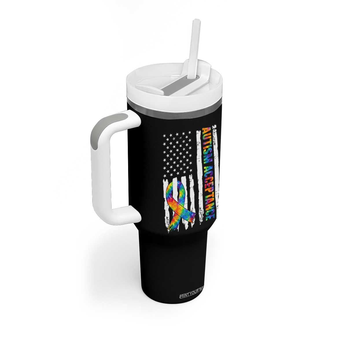 Autism Acceptance Tumbler With Handle US Flag Ribbon Support Neurodiversity TS14 Print Your Wear