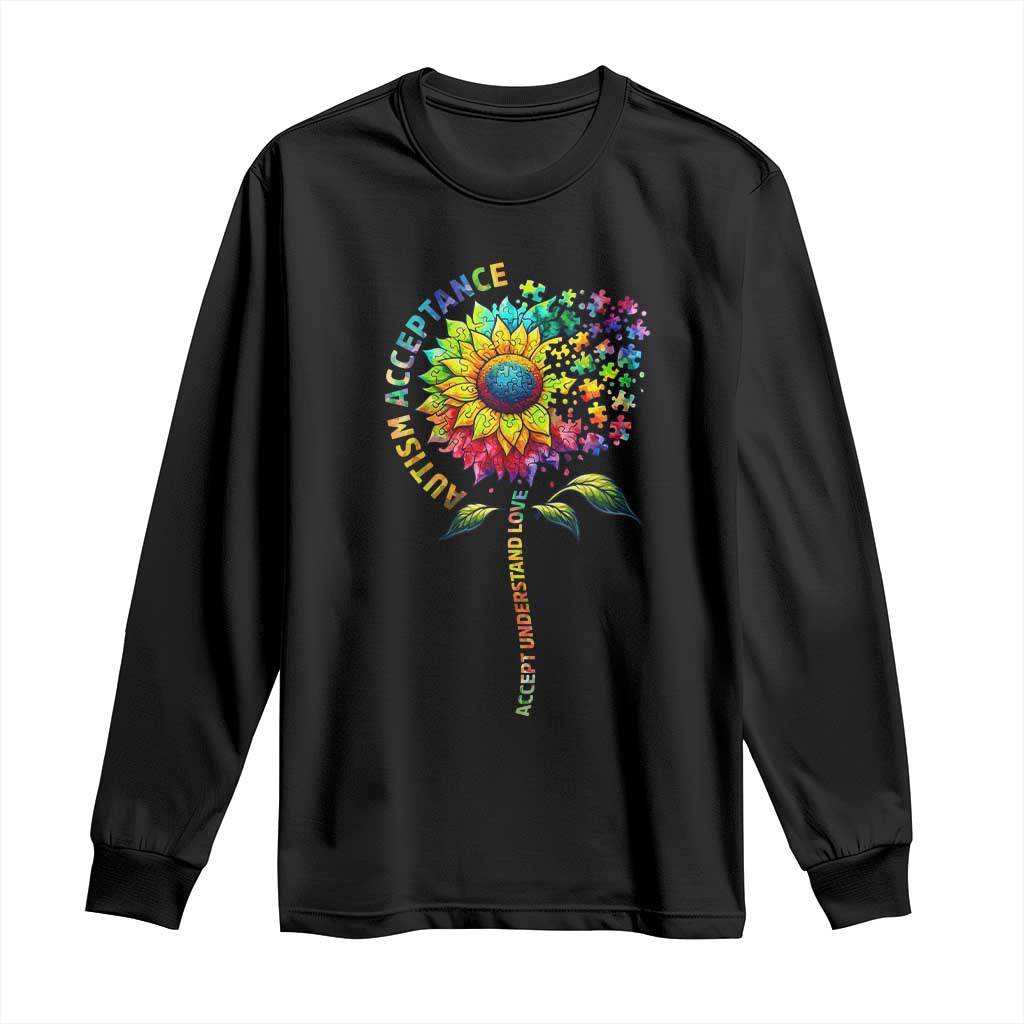Autism Acceptance Long Sleeve Shirt Accept Understand Love Sunflower Puzzle TS14 Black Print Your Wear