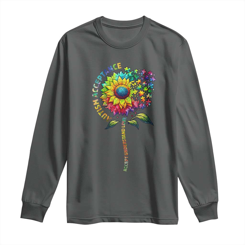 Autism Acceptance Long Sleeve Shirt Accept Understand Love Sunflower Puzzle TS14 Dark Heather Print Your Wear
