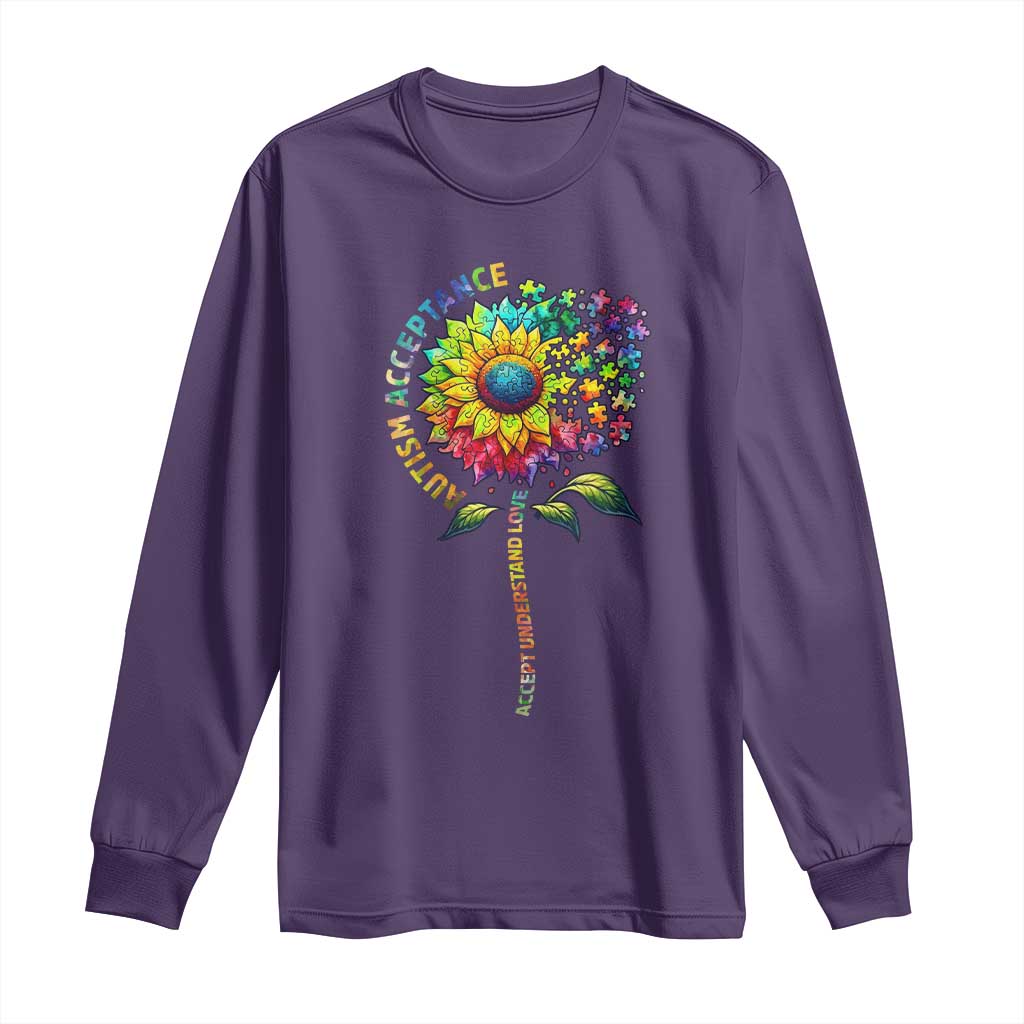 Autism Acceptance Long Sleeve Shirt Accept Understand Love Sunflower Puzzle TS14 Purple Print Your Wear