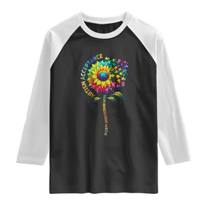 Autism Acceptance Raglan Shirt Accept Understand Love Sunflower Puzzle TS14 Black White Print Your Wear